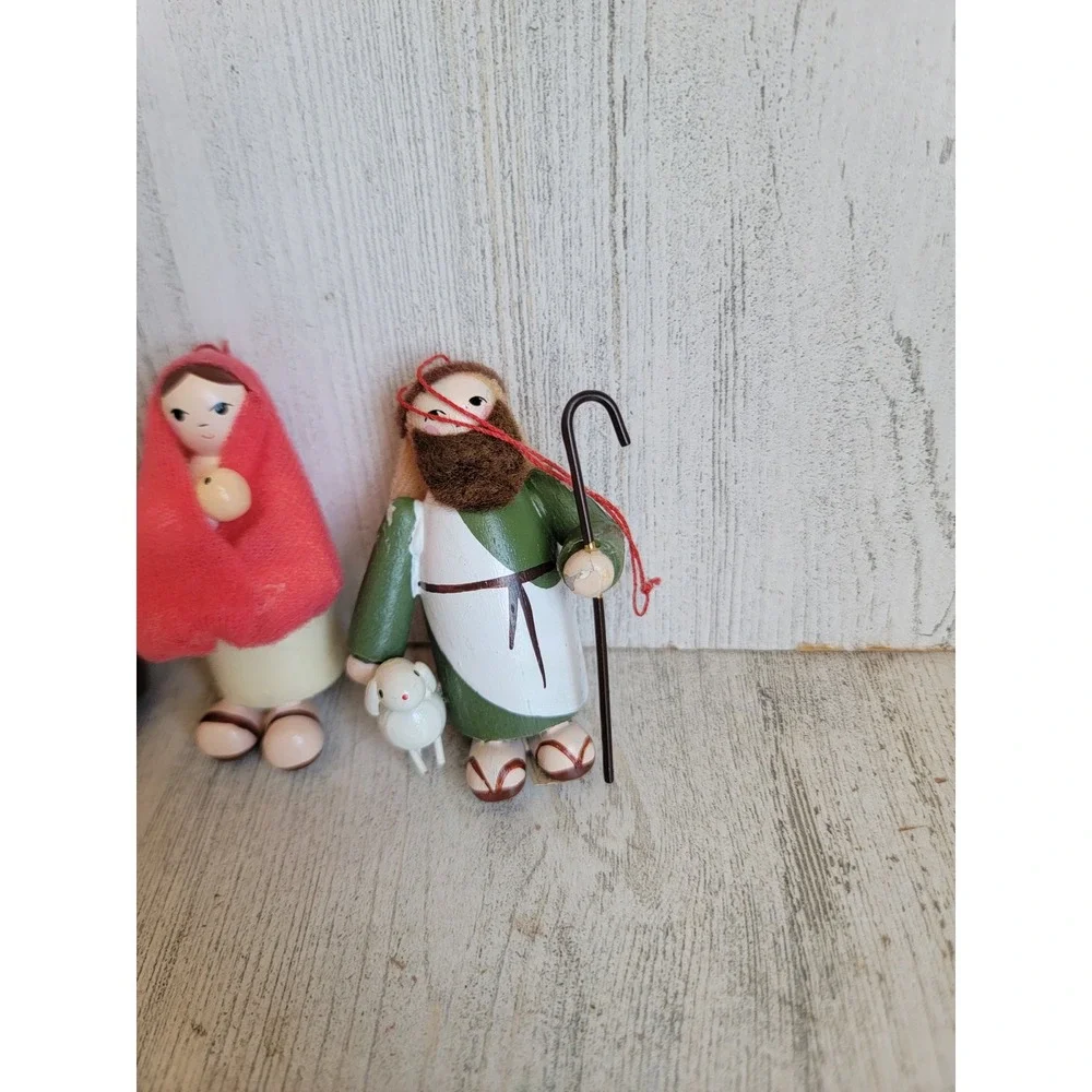 Vintage Mary Joseph nativity seeing Shepherd wooden ornament Xmas set religious